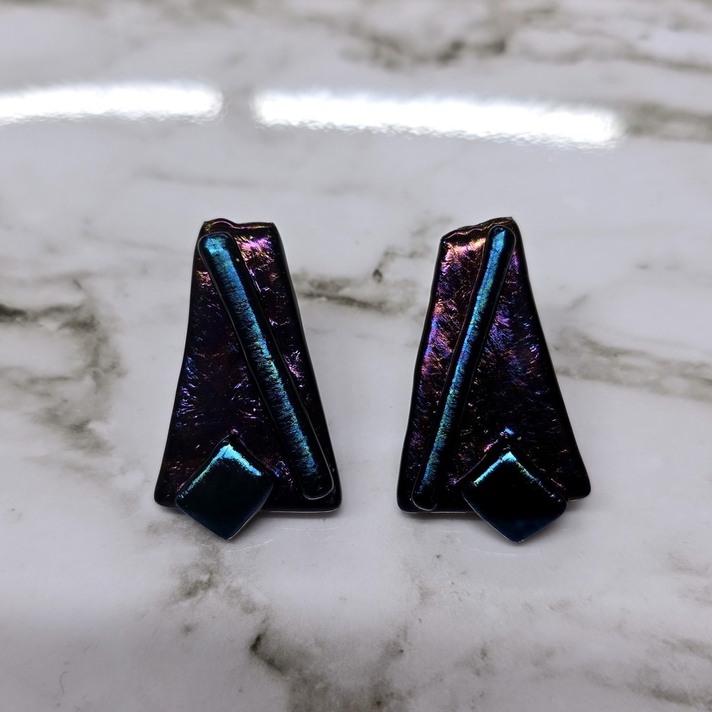 Vintage Glass Geometric Clip On Earrings Purple Blue Iridescent Statement
